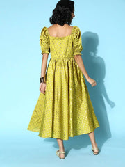 Women Neon Green Brocade Woven Self Design Dress - Inddus.com