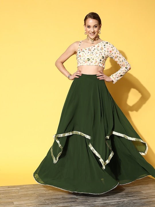 Women Off White & Green Embroidered One Shoulder Top With Skirt - Inddus.com