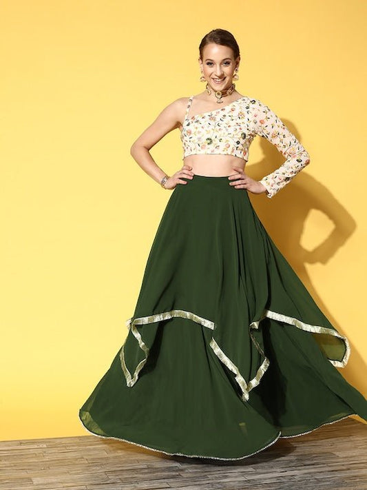 Women Off White & Green Embroidered One Shoulder Top With Skirt - Inddus.com