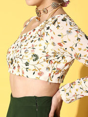 Women Off White & Green Embroidered One Shoulder Top With Skirt - Inddus.com