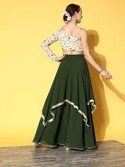 Women Off White & Green Embroidered One Shoulder Top With Skirt - Inddus.com