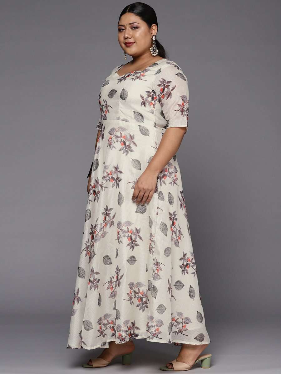 Women Off White & Grey Floral Printed Plus Size Anarkali Kurta With Dupatta - Inddus.com