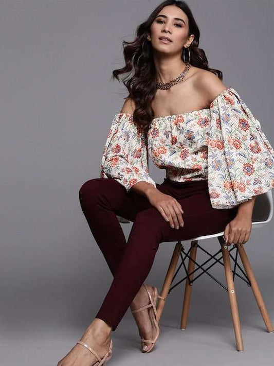 Women Off-White & Red Floral Printed Bardot Top - Inddus.com