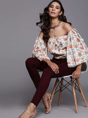 Women Off-White & Red Floral Printed Bardot Top - Inddus.com