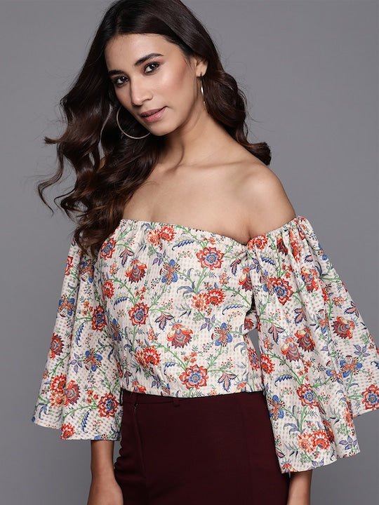 Women Off-White & Red Floral Printed Bardot Top - Inddus.com