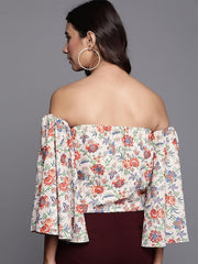 Women Off-White & Red Floral Printed Bardot Top - Inddus.com