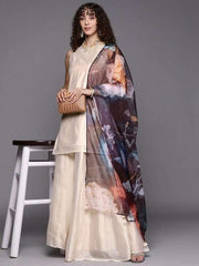 Women Off White Striped Chanderi Cotton Kurta with Skirt & With Dupatta - Inddus.com