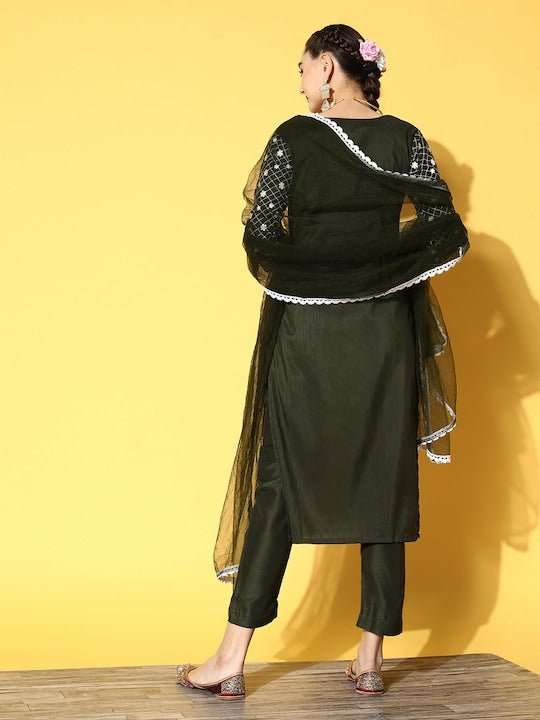Women Olive Green Embroidered Thread Work Kurta with Trousers & With Dupatta - Inddus.com