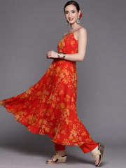 Women Orange Floral Printed Kurta with Trousers & With Dupatta - Inddus.com