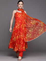 Women Orange Floral Printed Kurta with Trousers & With Dupatta - Inddus.com