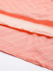 Women Peach-Coloured Checked Tie-Up Neck Gotta Patti Kurta - Inddus.com