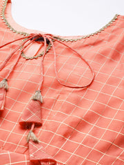Women Peach-Coloured Checked Tie-Up Neck Gotta Patti Kurta - Inddus.com