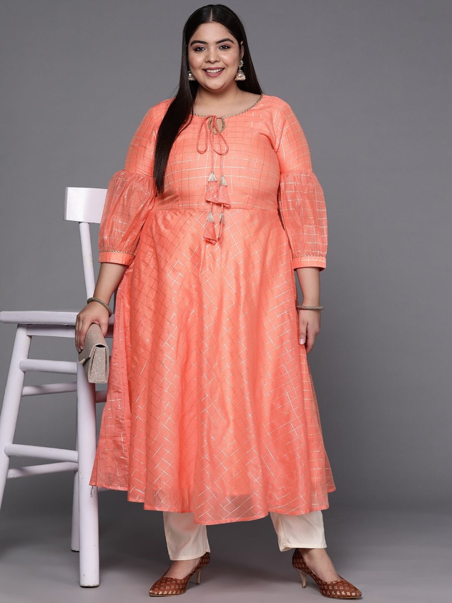 Women Peach-Coloured Checked Tie-Up Neck Gotta Patti Kurta - Inddus.com