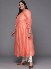 Women Peach-Coloured Checked Tie-Up Neck Gotta Patti Kurta - Inddus.com