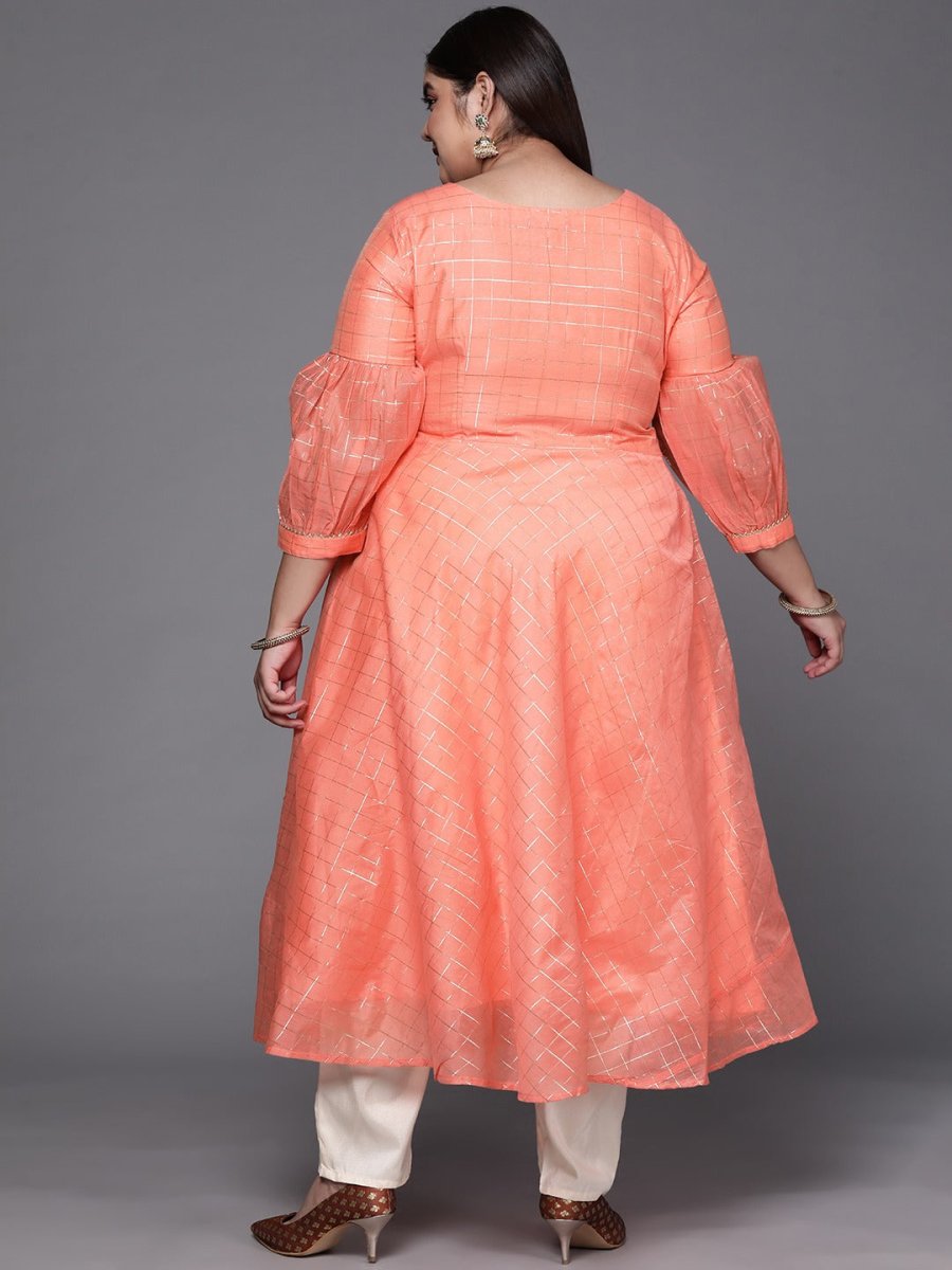 Women Peach-Coloured Checked Tie-Up Neck Gotta Patti Kurta - Inddus.com