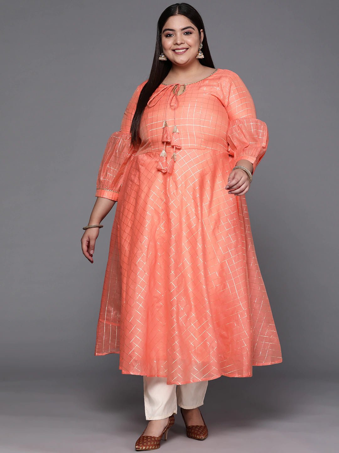 Women Peach-Coloured Checked Tie-Up Neck Gotta Patti Kurta - Inddus.com