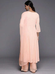 Women Peach-Coloured Embroidered Chikankari Kurta with Palazzos & With Dupatta - Inddus.com