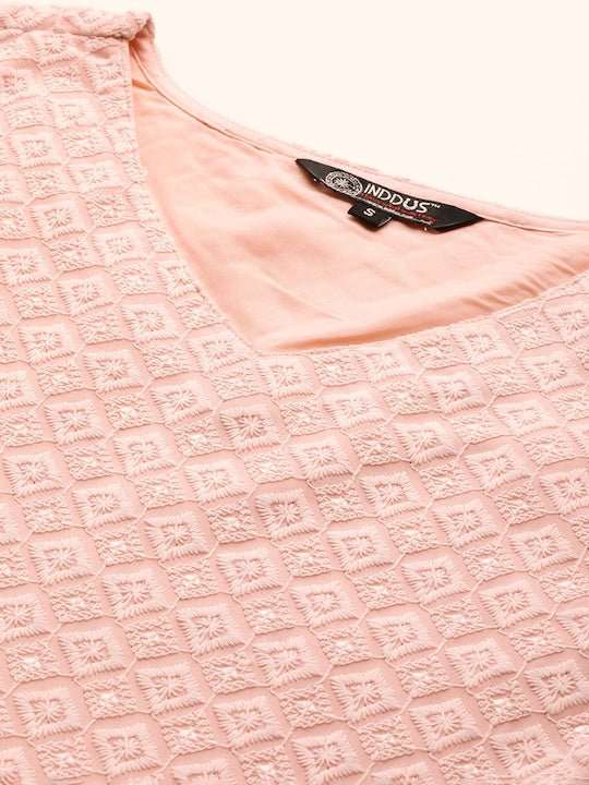 Women Peach-Coloured Embroidered Chikankari Kurta with Palazzos & With Dupatta - Inddus.com