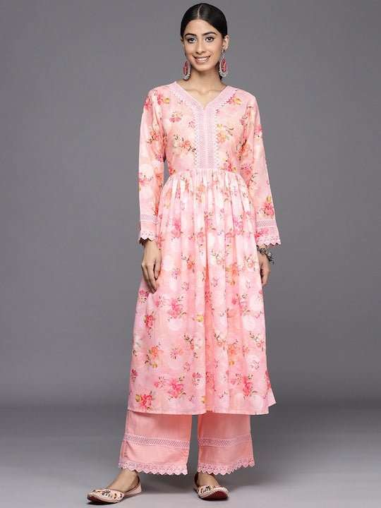 Women Peach-Coloured Floral Printed Pleated Chikankari Kurta with Palazzos - Inddus.com