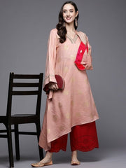 Women Peach-Coloured & Gold-Toned Geometric Design Flared Sleeves Kurta - Inddus.com
