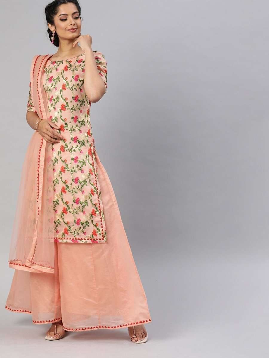 Women Peach-Coloured & Golden Woven Kurta Set - Inddus.com