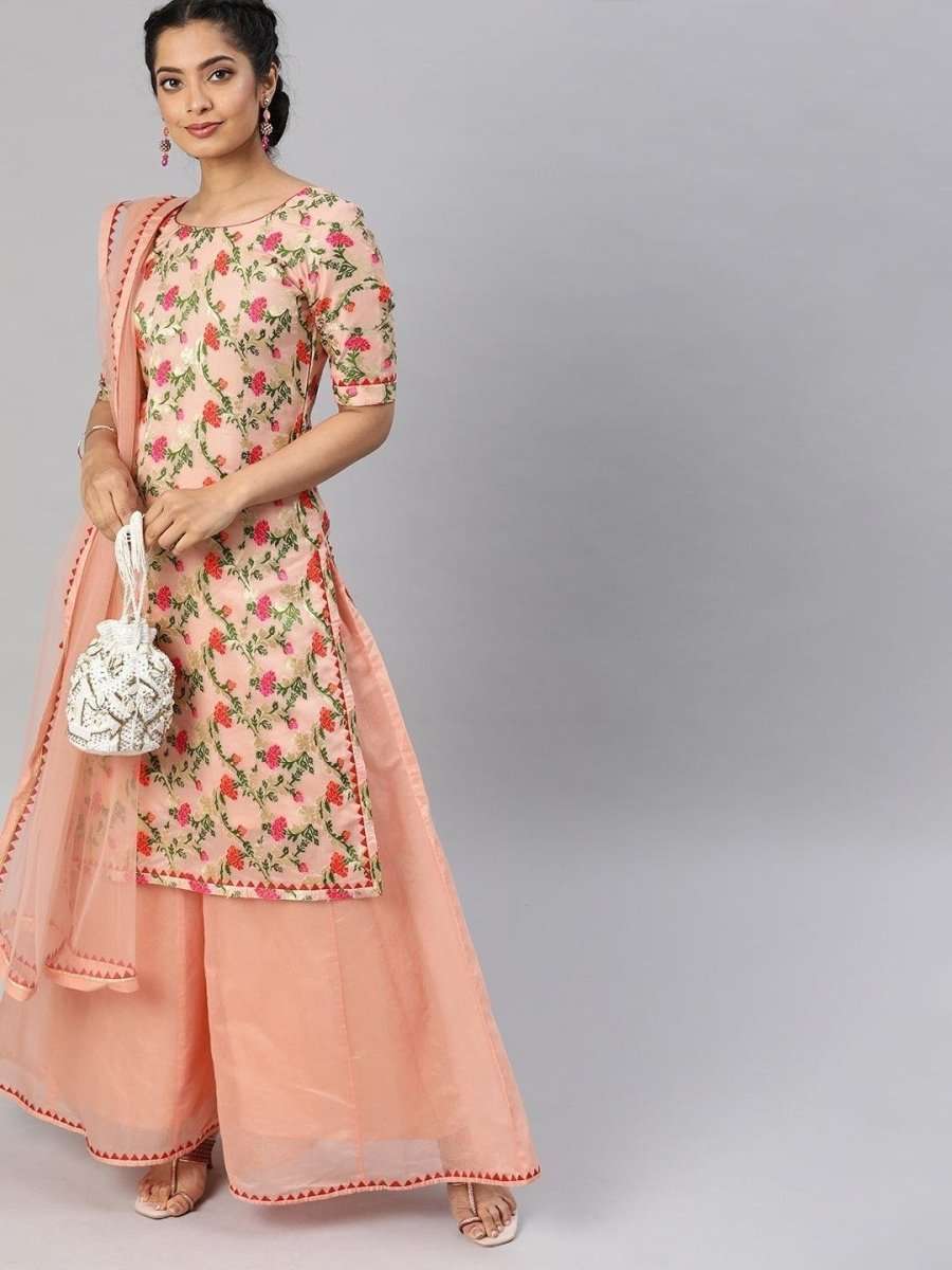 Women Peach-Coloured & Golden Woven Kurta Set - Inddus.com