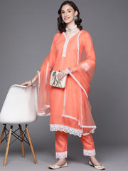 Women Peach-Coloured Thread Work Kurta with Trousers & Dupatta - Inddus.com