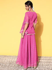Women Pink Bandhani Printed Tie up Top Skirt - Inddus.com