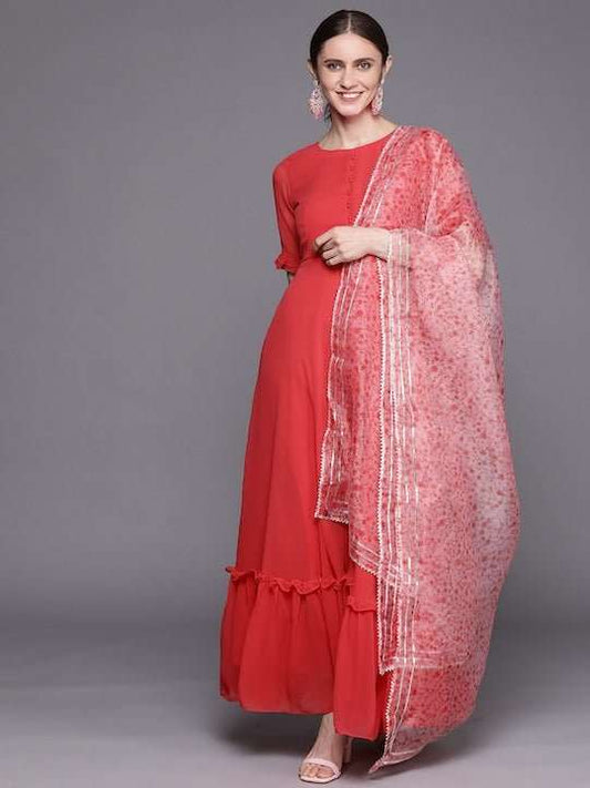 Women Pink Bell Sleeves Georgette Anarkali Kurta With Dupatta - Inddus.com