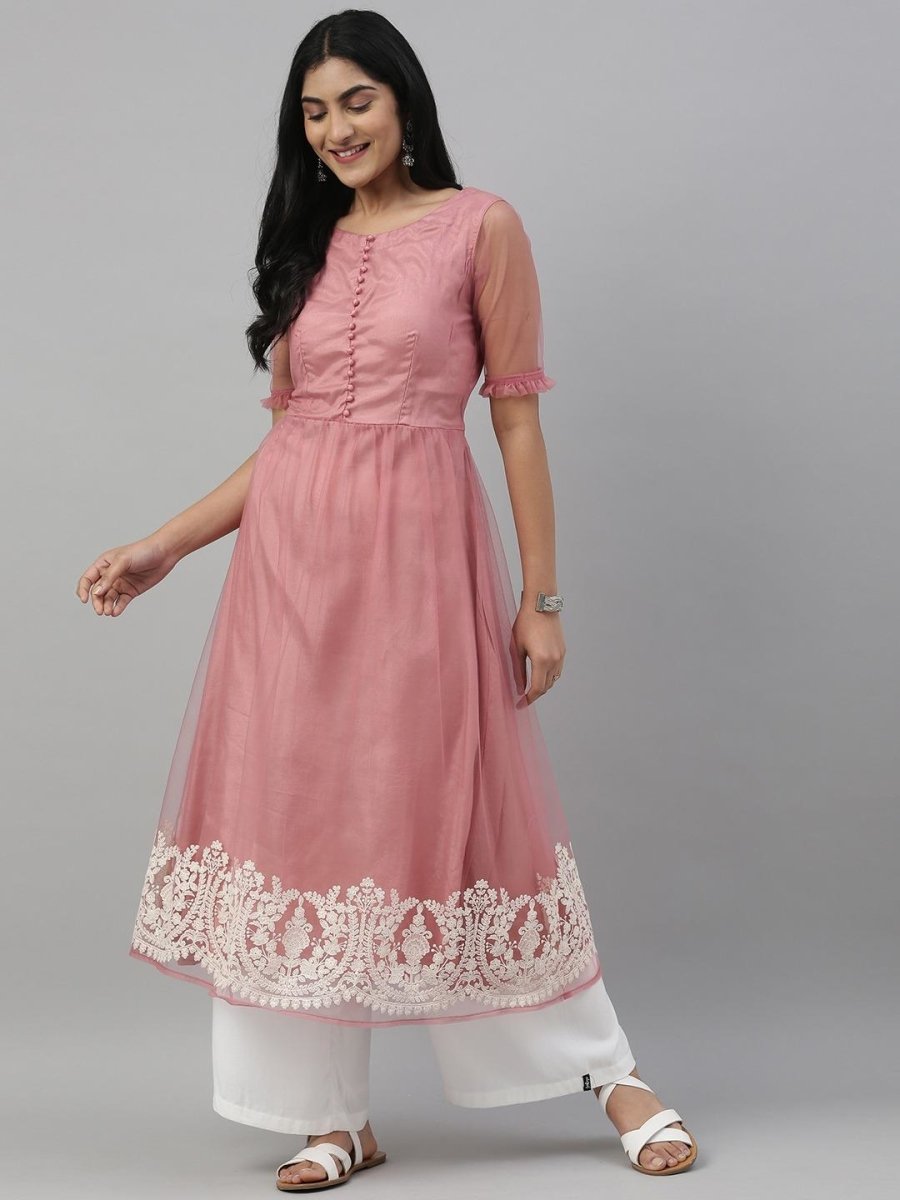 Women Pink Embroidered A-Line Kurta - Inddus.com