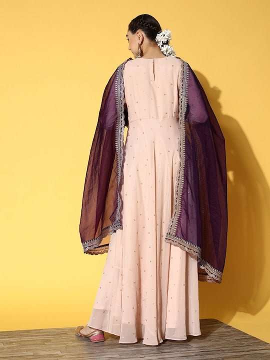 Women Pink Embroidered Georgette Anarkali Kurta With Dupatta - Inddus.com