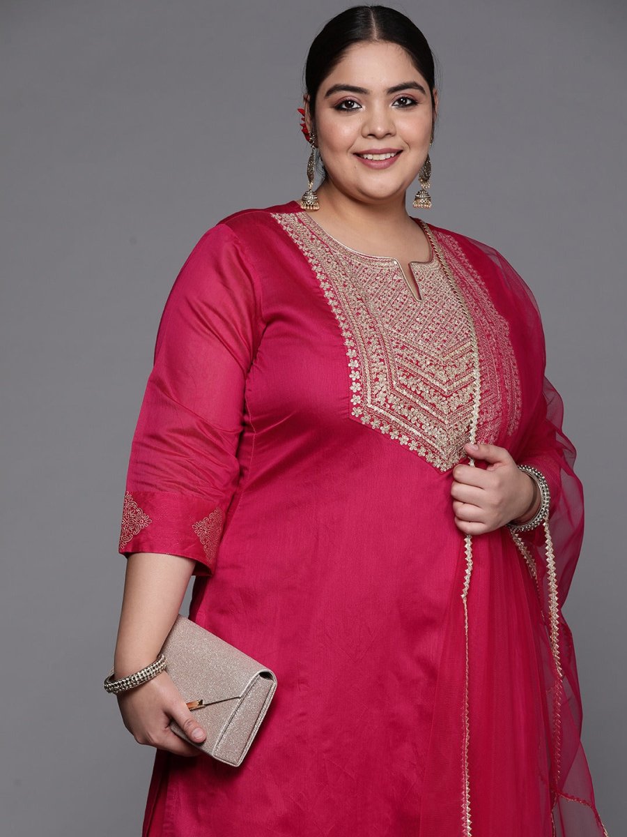 Women Pink Embroidered Kurta with Palazzos & With Dupatta - Inddus.com