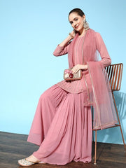 Women Pink Embroidered Kurti with Sharara & With Dupatta - Inddus.com