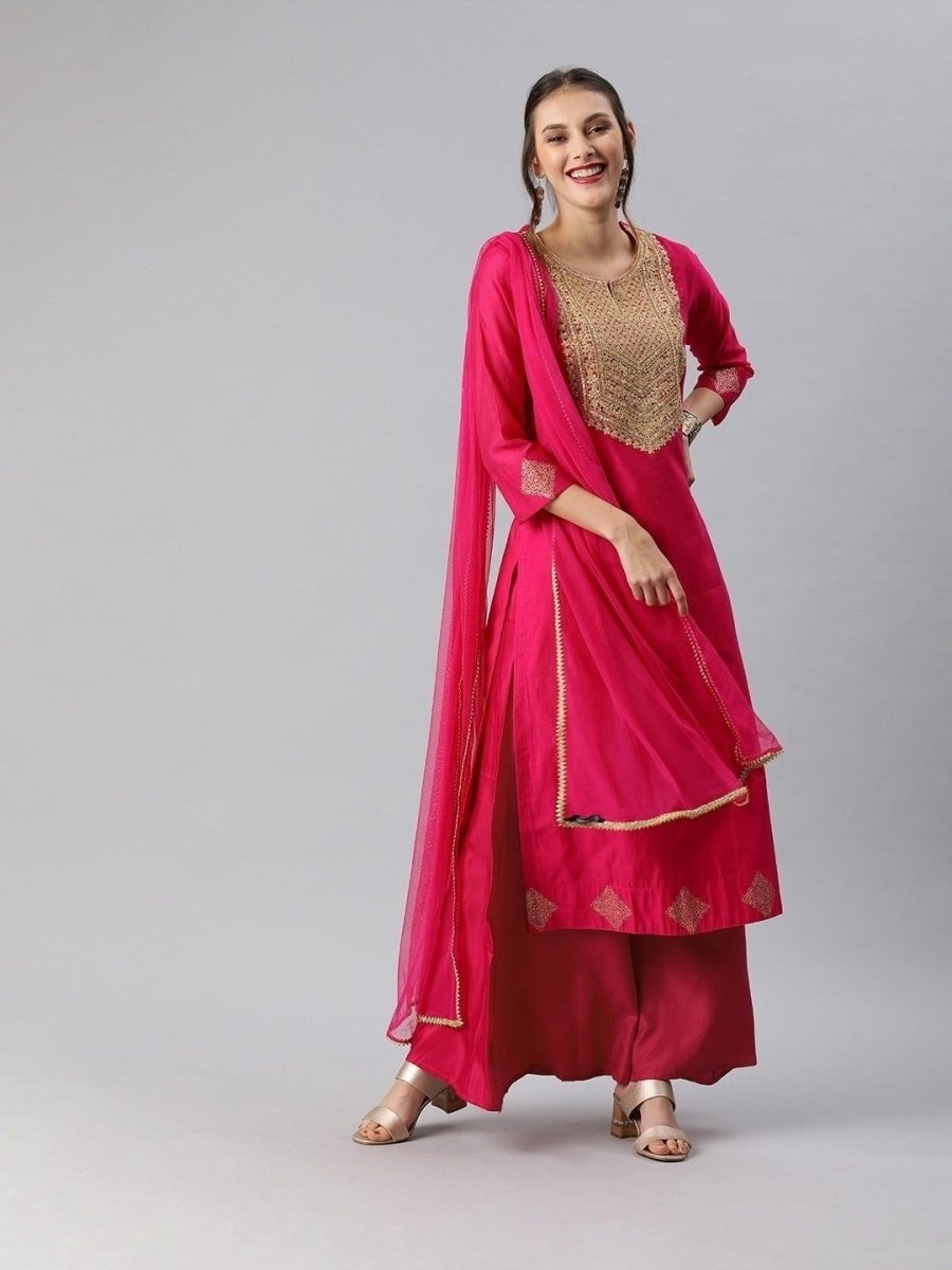 Women Pink Embroidered Palazzo Suit - inddus-us