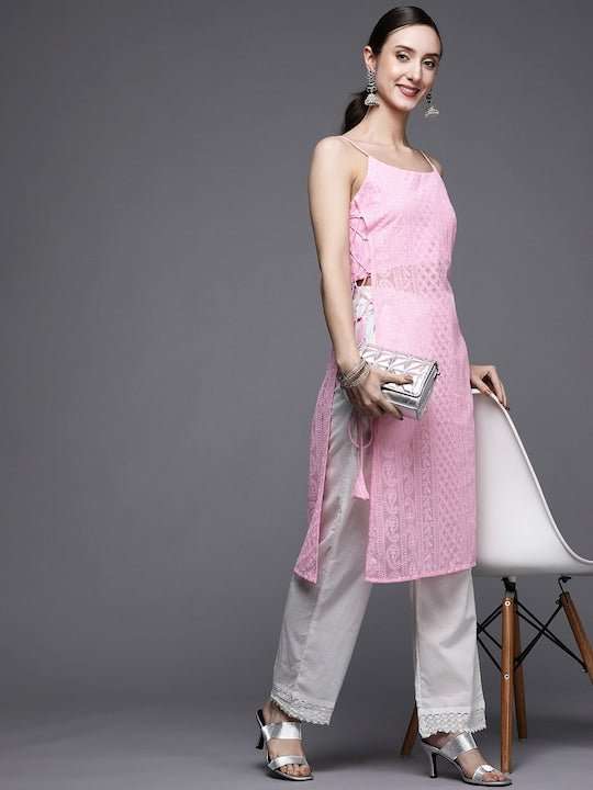 Women Pink Ethnic Motifs Embroidered Chikankari Georgette Kurta - Inddus.com