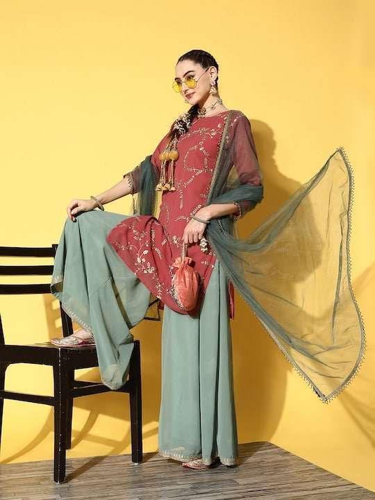 Women Pink Floral Embroidered Kurta with Palazzos & With Dupatta - Inddus.com