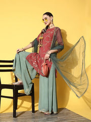 Women Pink Floral Embroidered Kurta with Palazzos & With Dupatta - Inddus.com