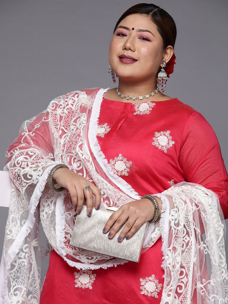 Women Pink Floral Embroidered Kurta with Trousers & Dupatta - Inddus.com