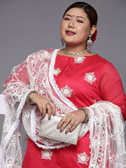 Women Pink Floral Embroidered Kurta with Trousers & Dupatta - Inddus.com