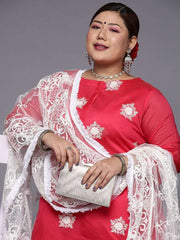 Women Pink Floral Embroidered Kurta with Trousers & Dupatta - Inddus.com