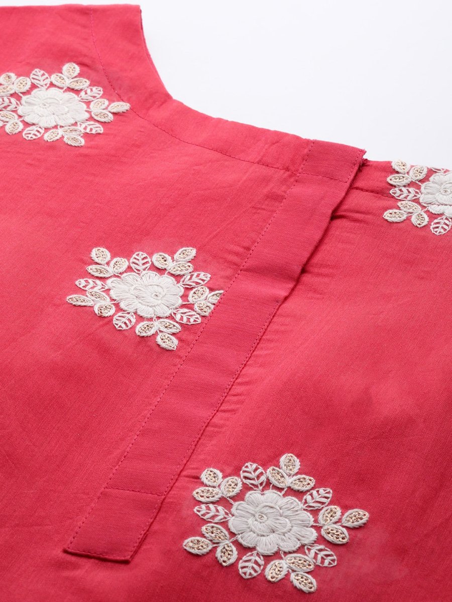 Women Pink Floral Embroidered Kurta with Trousers & Dupatta - Inddus.com