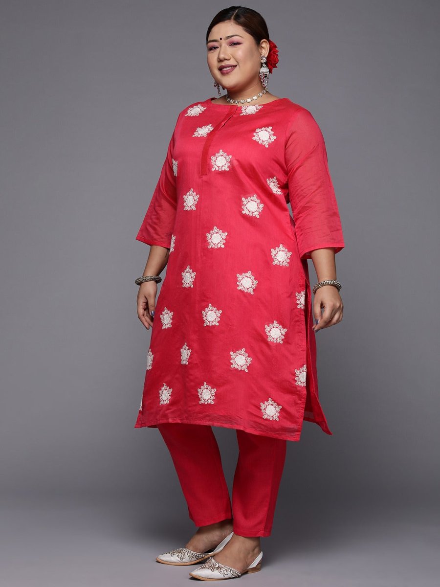 Women Pink Floral Embroidered Kurta with Trousers & Dupatta - Inddus.com