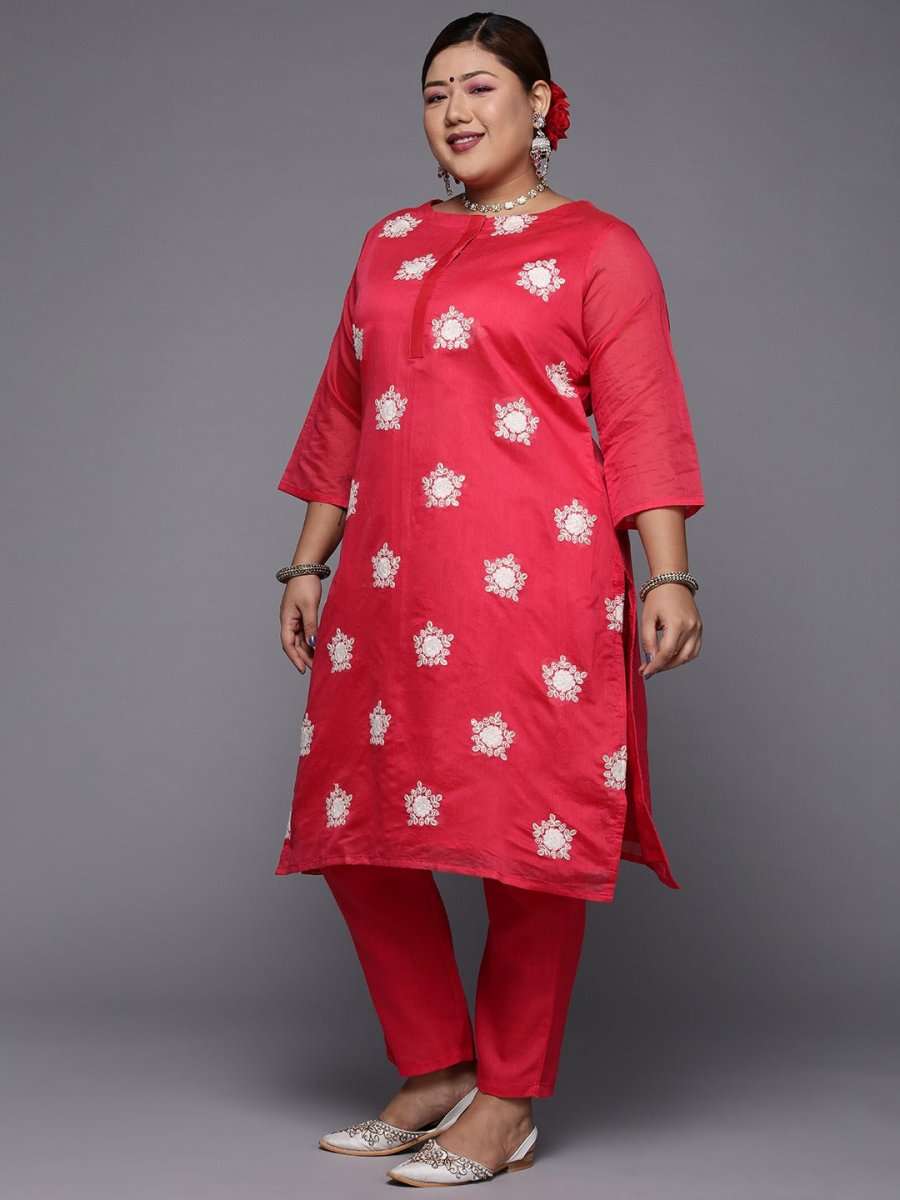 Women Pink Floral Embroidered Kurta with Trousers & Dupatta - Inddus.com