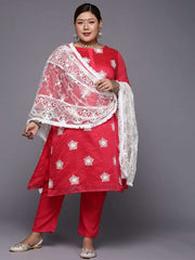 Women Pink Floral Embroidered Kurta with Trousers & Dupatta - Inddus.com
