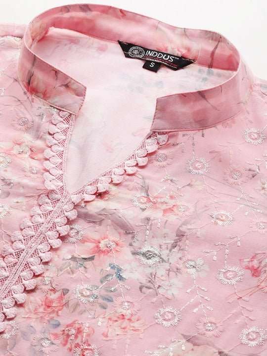 Women Pink Floral Embroidered Regular Chikankari Kurta with Trousers - Inddus.com