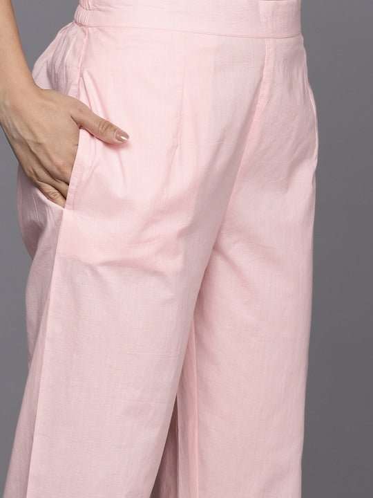 Women Pink Floral Embroidered Regular Chikankari Kurta with Trousers - Inddus.com