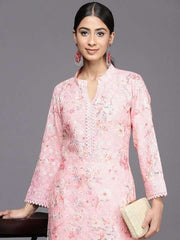 Women Pink Floral Embroidered Regular Chikankari Kurta with Trousers - Inddus.com