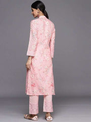 Women Pink Floral Embroidered Regular Chikankari Kurta with Trousers - Inddus.com