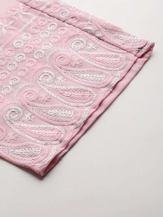 Women Pink Floral Embroidered Regular Chikankari Kurta with Trousers - Inddus.com