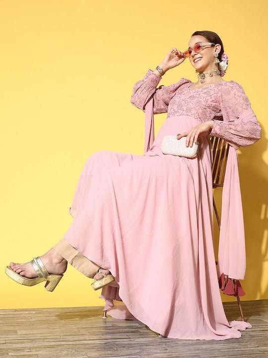 Women Pink Floral Embroidered Thread Work Georgette Anarkali Kurta With Dupatta - Inddus.com